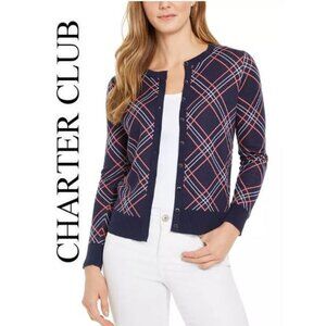 CHARTER CLUB, Navy blue/white/pink plaid cotton cardigan